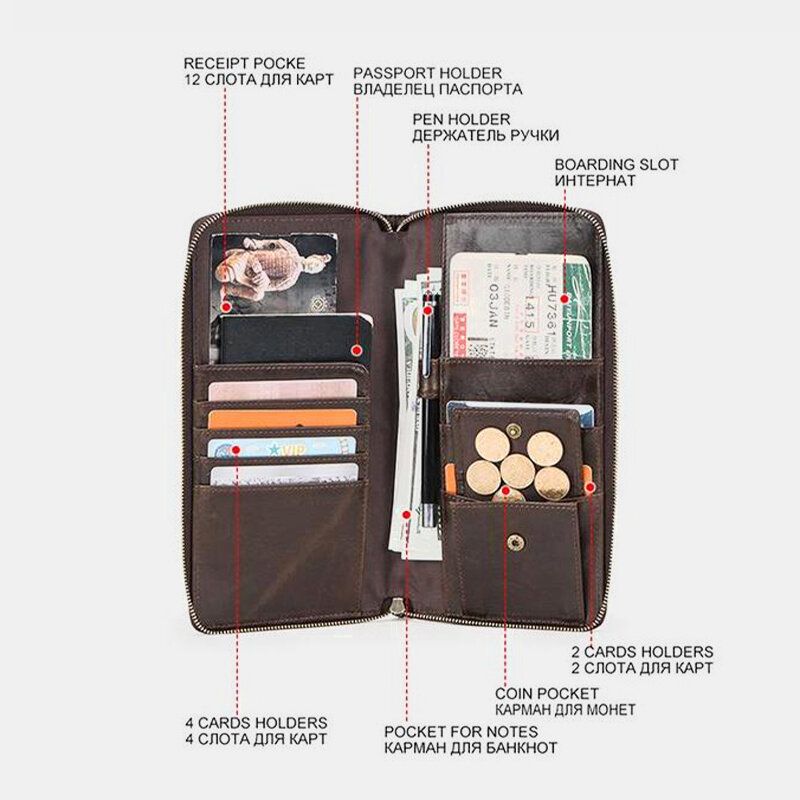 Hombres Cremallera De Cuero Genuino Retro Business Ranura Para Múltiples Tarjetas Multifunción 5.8 Pulgadas Teléfono Embrague De Cuero Monedero Titular De La Tarjeta Cartera Con Correa Para La Muñeca