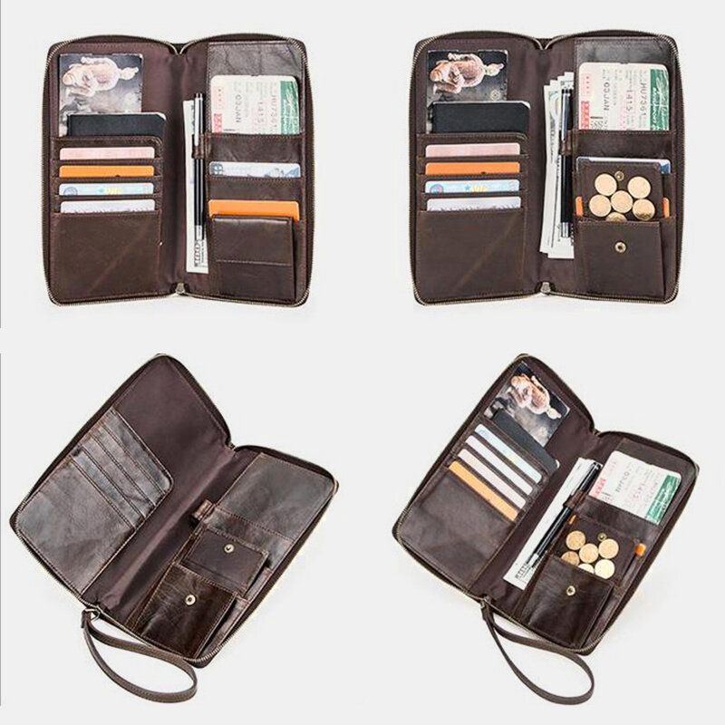 Hombres Cremallera De Cuero Genuino Retro Business Ranura Para Múltiples Tarjetas Multifunción 5.8 Pulgadas Teléfono Embrague De Cuero Monedero Titular De La Tarjeta Cartera Con Correa Para La Muñeca