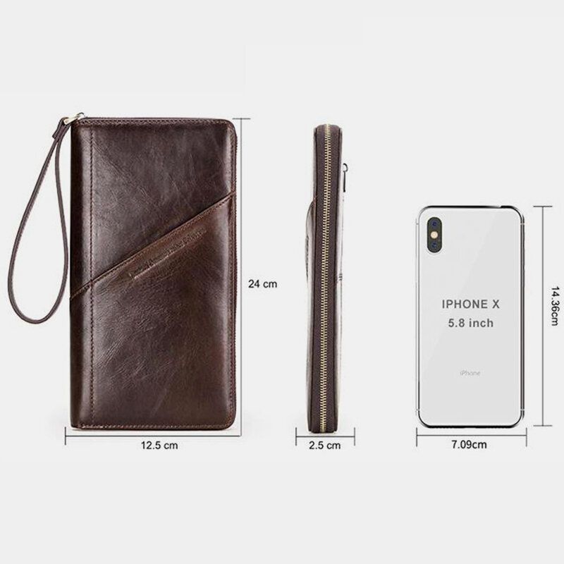 Hombres Cremallera De Cuero Genuino Retro Business Ranura Para Múltiples Tarjetas Multifunción 5.8 Pulgadas Teléfono Embrague De Cuero Monedero Titular De La Tarjeta Cartera Con Correa Para La Muñeca