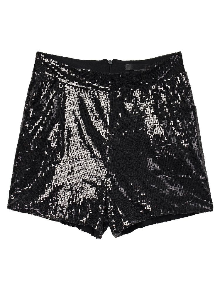 Pantalones Cortos Con Bolsillo De Lentejuelas Negras Punk Sexy Para Mujer