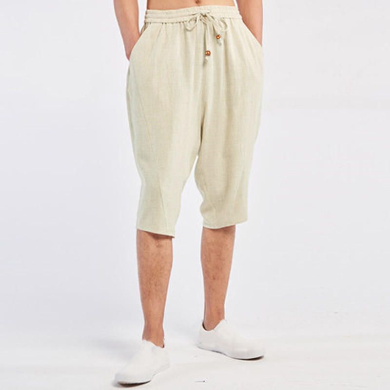 Pantalones Cortos Sueltos De Algodón Transpirable Para Hombre Pantalones Cortos Casuales Con Cordón De Color Sólido Hasta La Rodilla