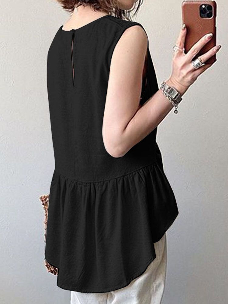 Blusa Informal Con Dobladillo Irregular Sin Mangas Con Cordones En Color Sólido Con Cuello En O De Algodón Para Mujer