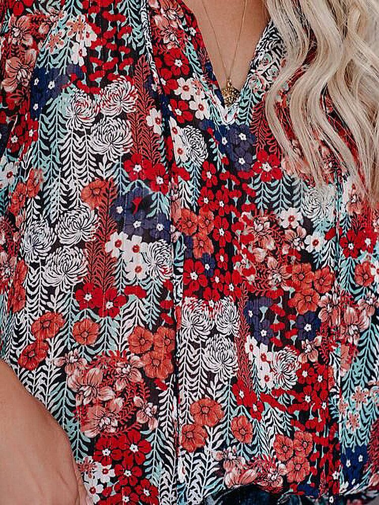 Blusas Casuales De Manga Corta Con Volantes Con Cuello En V Y Estampado Floral De Colores Para Mujer