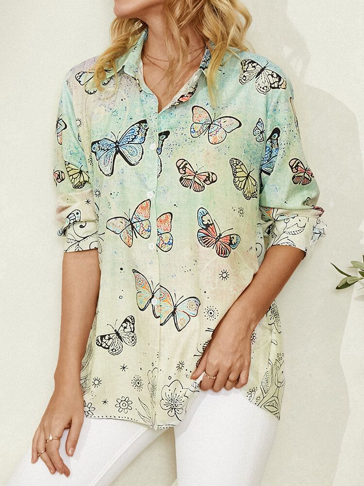 Camisa Casual De Manga Larga Con Cuello De Solapa Y Estampado De Mariposas Para Mujer