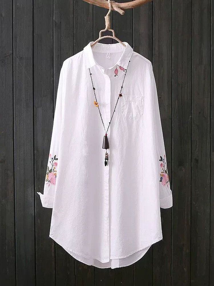 Camisas Blancas De Cuello De Solapa De Manga Larga Con Bordado Floral Para Mujer Con Bolsillo