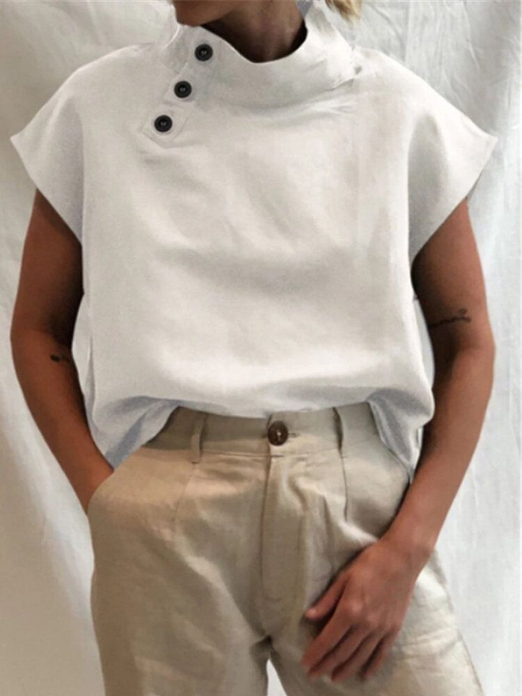 Camisas De Manga Corta Con Cuello Alto Y Botones De Color Sólido Para Mujer