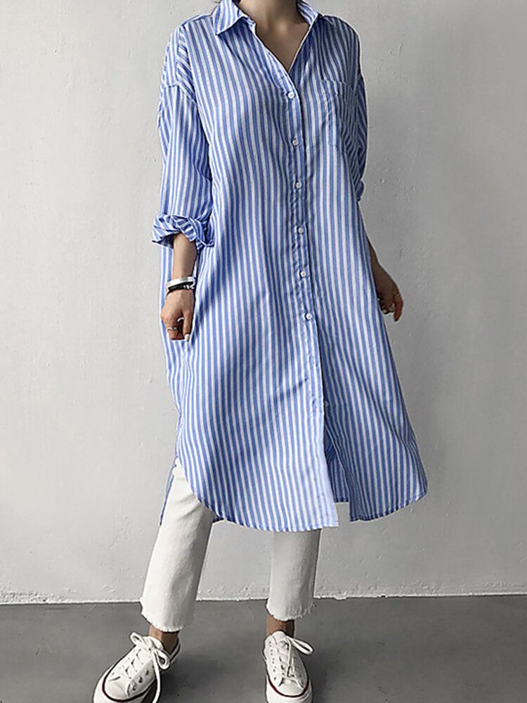 Camisas Sueltas De Manga Larga Hasta La Rodilla Con Solapa A Rayas Para Mujer
