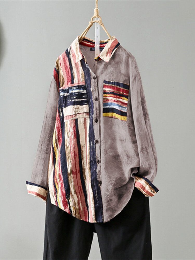 Mujeres Vintage Multicolor Rayas Patchwork Tie Dye Impreso Cuello De Solapa Camisas Retro De Manga Larga