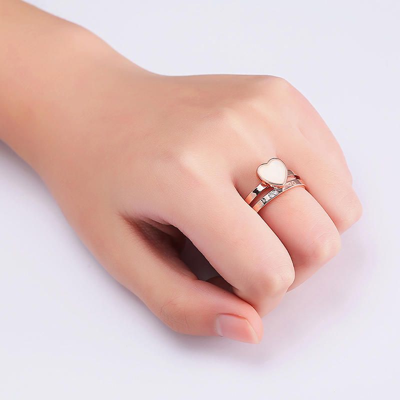 2 Piezas En Forma De Corazón Esmalte De Diamantes De Imitación Anillo De Compromiso De Oro Rosa Joyería Fina Para Mujeres