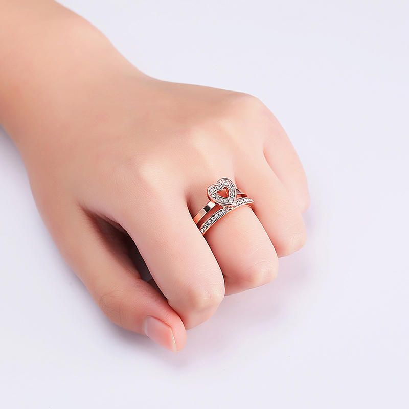 2 Piezas En Forma De Corazón Esmalte De Diamantes De Imitación Anillo De Compromiso De Oro Rosa Joyería Fina Para Mujeres