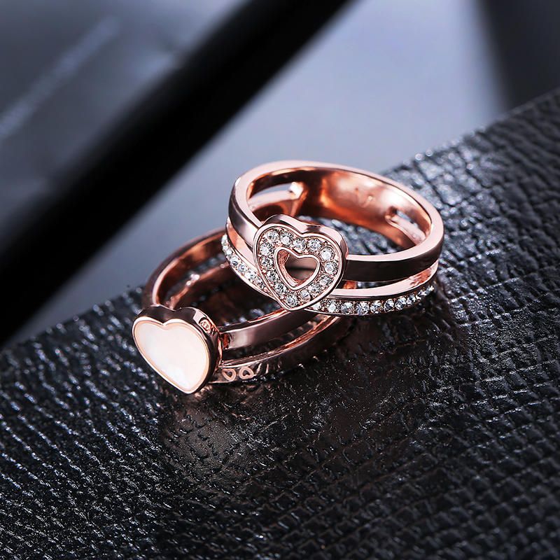 2 Piezas En Forma De Corazón Esmalte De Diamantes De Imitación Anillo De Compromiso De Oro Rosa Joyería Fina Para Mujeres