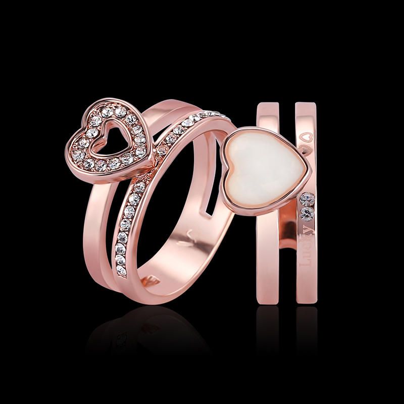 2 Piezas En Forma De Corazón Esmalte De Diamantes De Imitación Anillo De Compromiso De Oro Rosa Joyería Fina Para Mujeres
