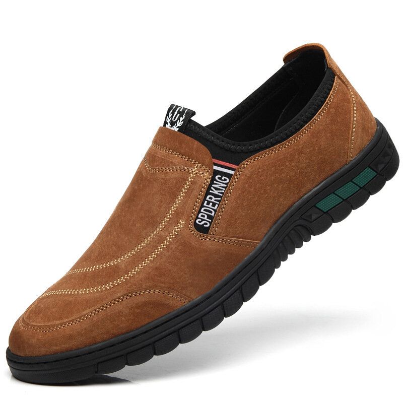 Hombres Cómodos De Piel De Cerdo Costuras De Cuero Antideslizantes Punta Redonda Zapatos Holgazanes Sin Cordones Perezosos