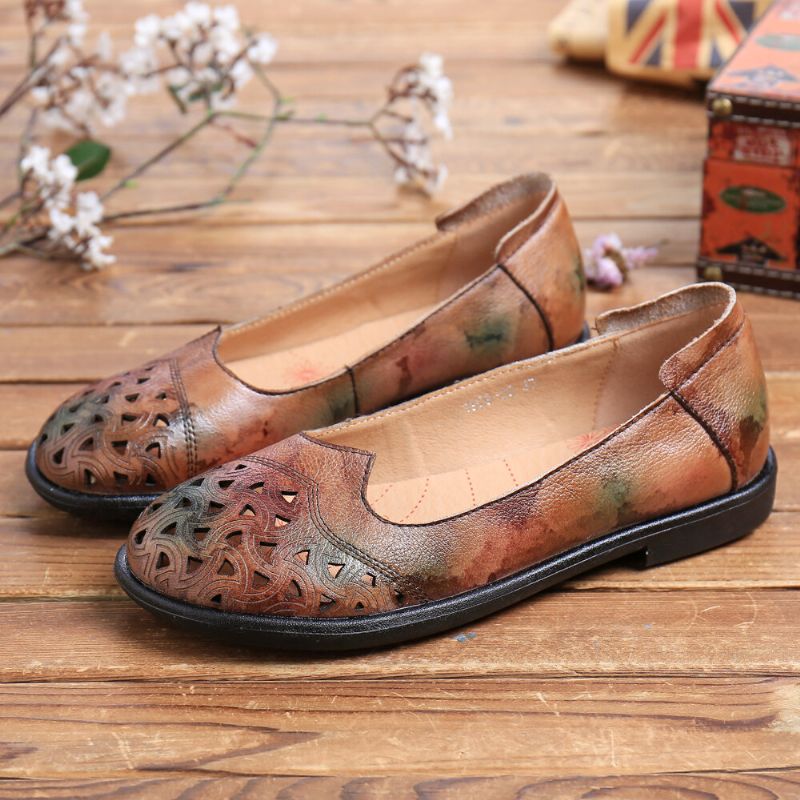 Mocasines Casuales Suaves Teñidos Con Huecos De Cuero Bohemio Zapatos Planos