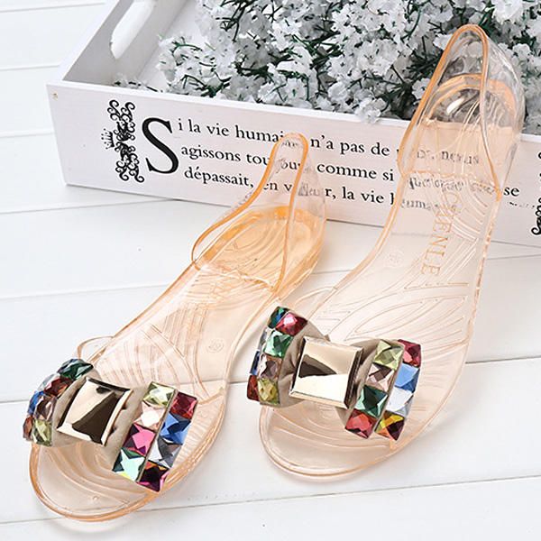 Sandalias De Playa Elegantes De Verano Para Mujer Zapatos De Diamantes De Imitación Planos Con Punta Abierta