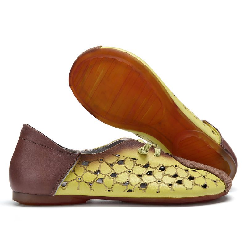 Zapatos Planos Sin Cordones Con Correa Elástica Hueca Floral De Empalme De Color Retro