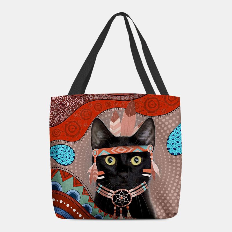 Mujeres Fieltro Lindo Dibujo Animado Egipcio Vestido Negro Gato Patrón Bolso De Hombro Bolso De Mano