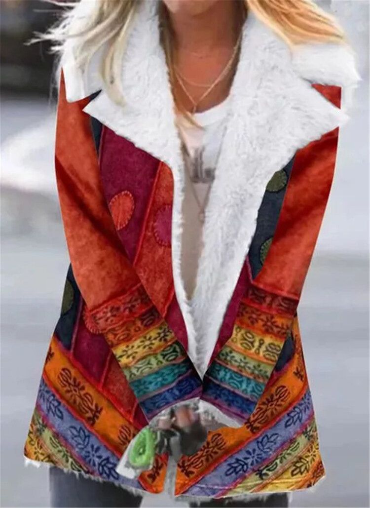 Abrigo Informal Grueso Con Forro Polar Con Solapa Y Estampado Étnico Para Mujer