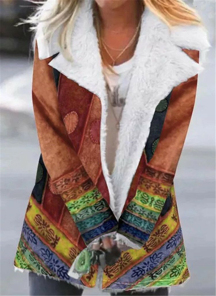 Abrigo Informal Grueso Con Forro Polar Con Solapa Y Estampado Étnico Para Mujer