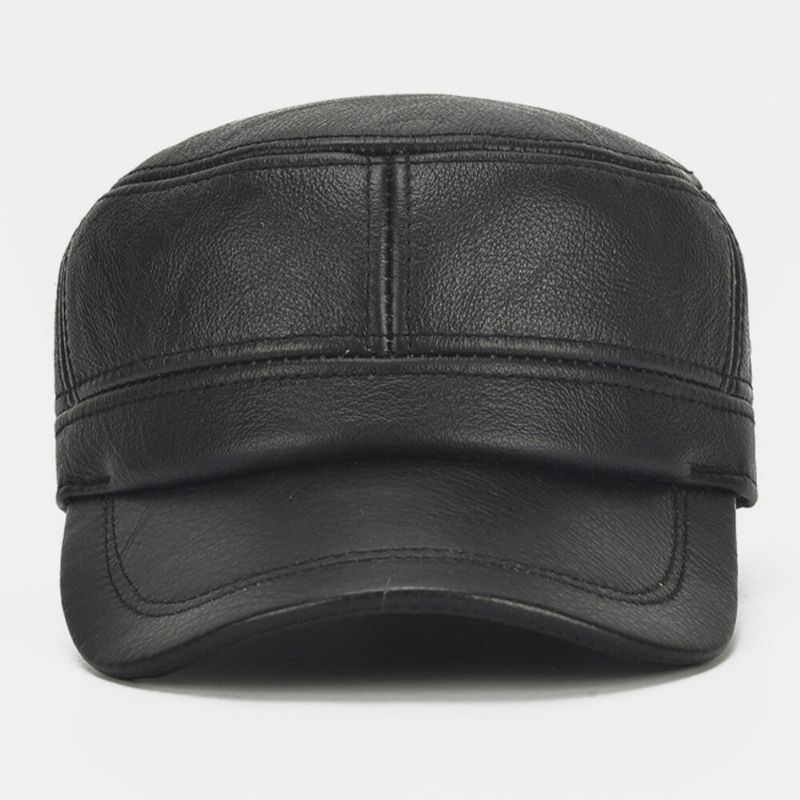 Hombres De Cuero Genuino Cálido Retro Orejeras Protección Papá Sombrero Sombrero Militar Gorra Con Visera