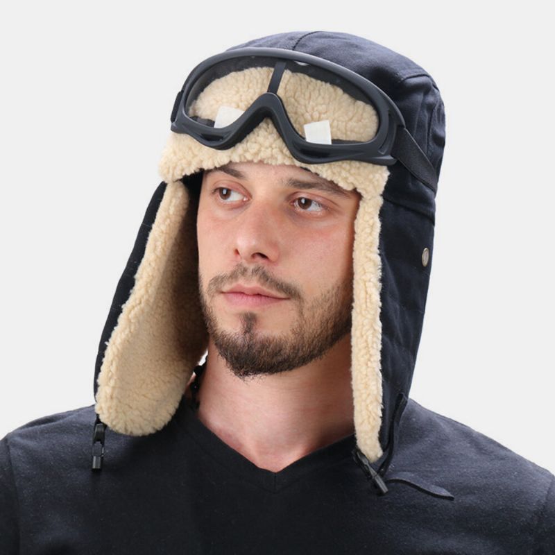 Pelo De Cordero Unisex Y Lona Más Grueso Cálido A Prueba De Viento Protección Para Los Oídos Sombrero De Esquí Al Aire Libre Sombrero De Trampero