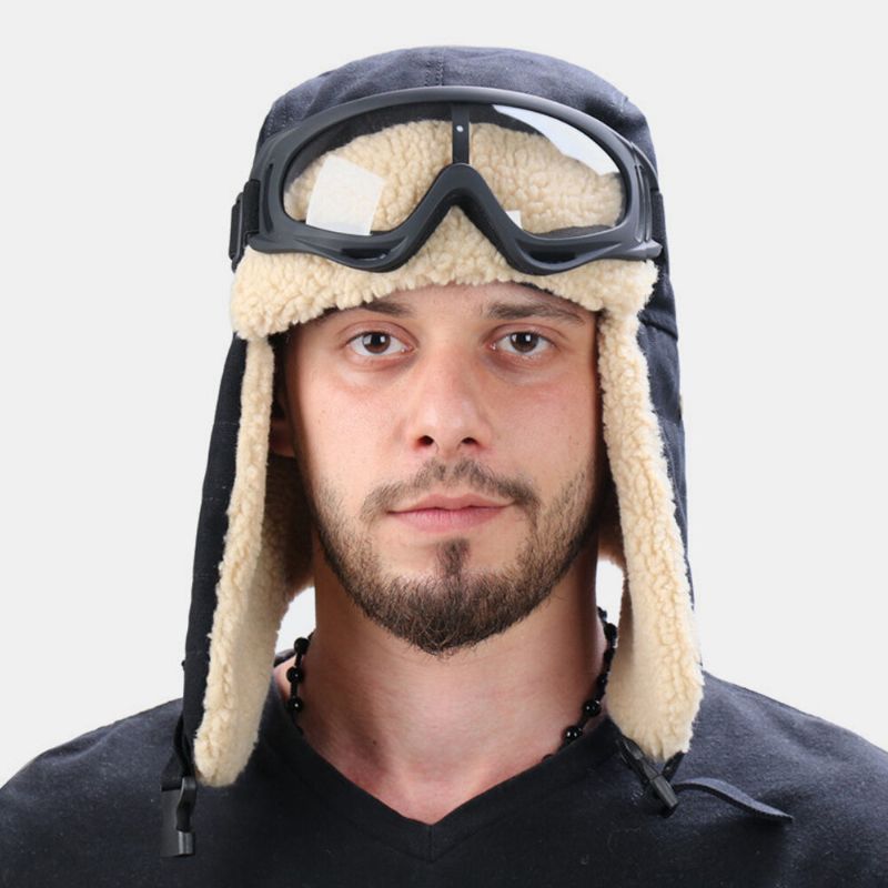 Pelo De Cordero Unisex Y Lona Más Grueso Cálido A Prueba De Viento Protección Para Los Oídos Sombrero De Esquí Al Aire Libre Sombrero De Trampero