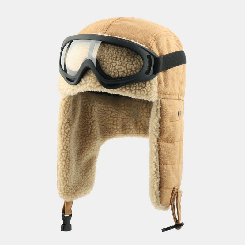 Pelo De Cordero Unisex Y Lona Más Grueso Cálido A Prueba De Viento Protección Para Los Oídos Sombrero De Esquí Al Aire Libre Sombrero De Trampero