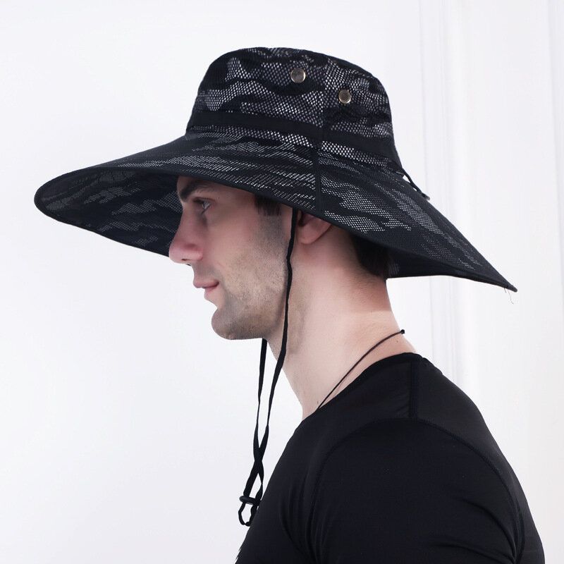 Sombrero De Cubo Para Hombre Malla Transpirable Gorra De Sombrilla Sombrero De Pesca Ala De Gran Tamaño Con Cuerda Ciclismo Al Aire Libre Escalada