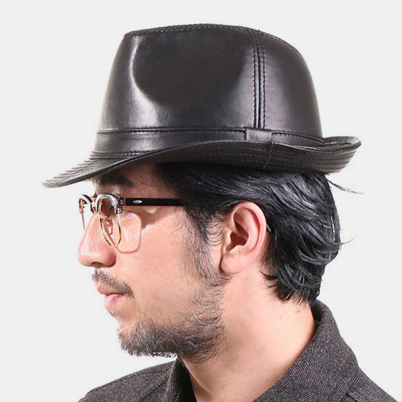 Unisex Piel De Oveja De Cuero Genuino Vintage Casual Warm Jazz Top Hat Sombrero De Panamá Fedora