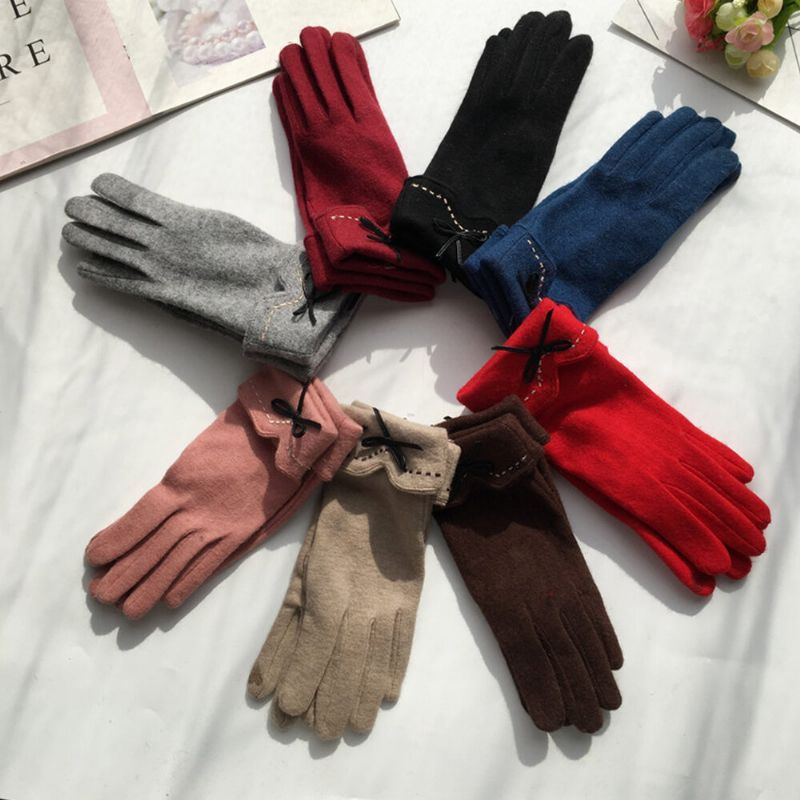 Mujeres Lana Pantalla Táctil Bordado Línea Punteada Bowknot Mantener Abrigado Moda Casual Guantes