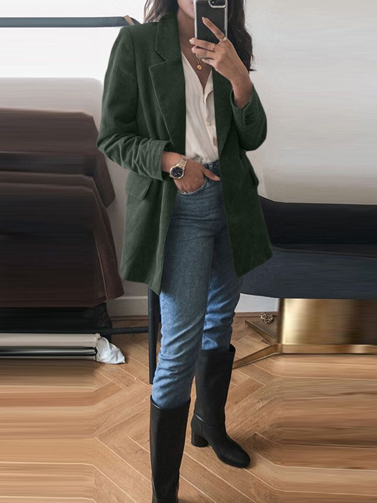 Blazer Casual Elegante De Pana De Color Sólido Para Mujer Con Bolsillo