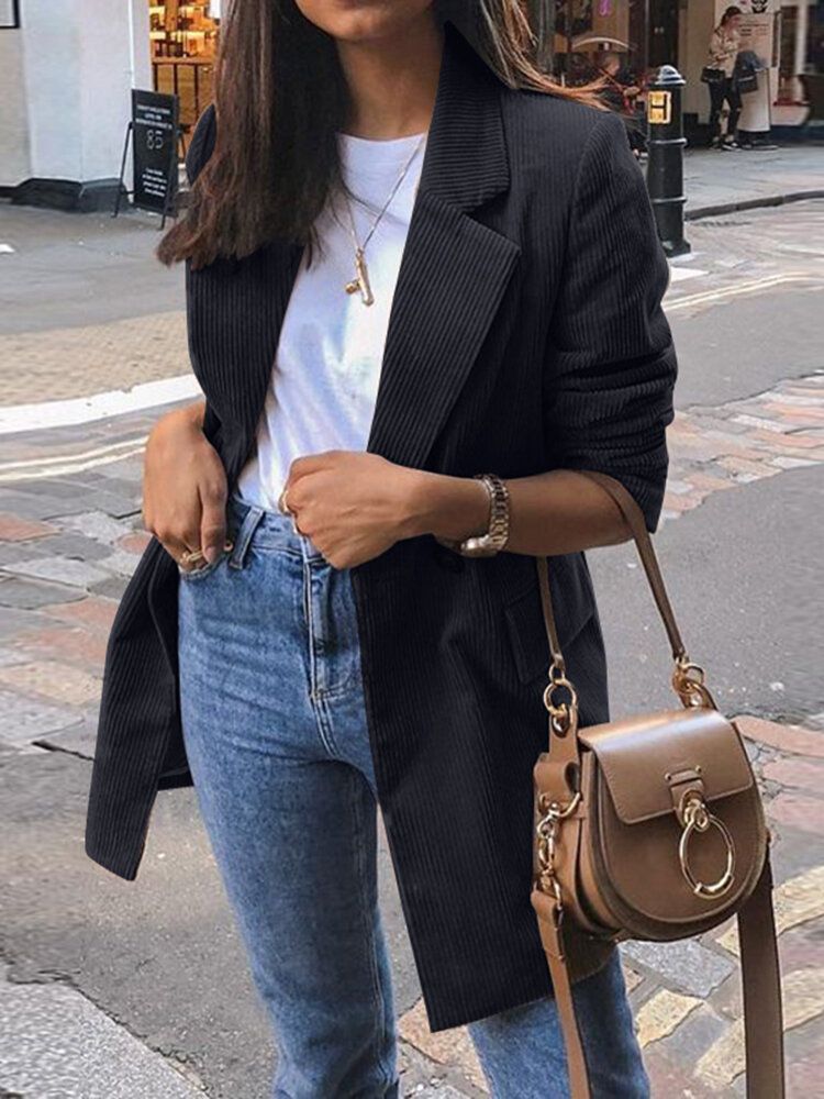 Blazer Casual Elegante De Pana De Color Sólido Para Mujer Con Bolsillo