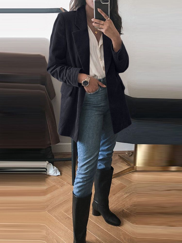Blazer Casual Elegante De Pana De Color Sólido Para Mujer Con Bolsillo