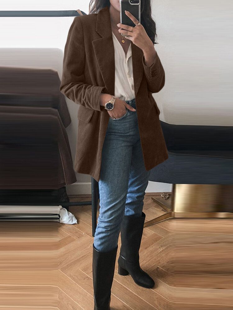 Blazer Casual Elegante De Pana De Color Sólido Para Mujer Con Bolsillo
