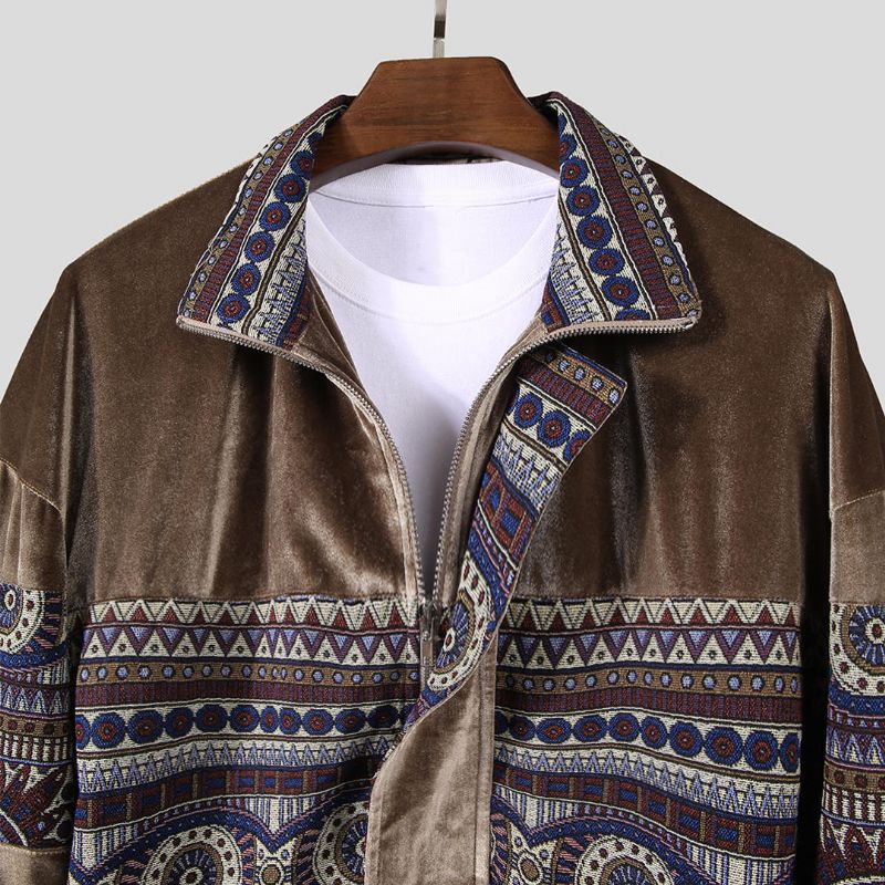 Chaqueta Vintage De Terciopelo Con Costura De Patrón Étnico Para Hombre