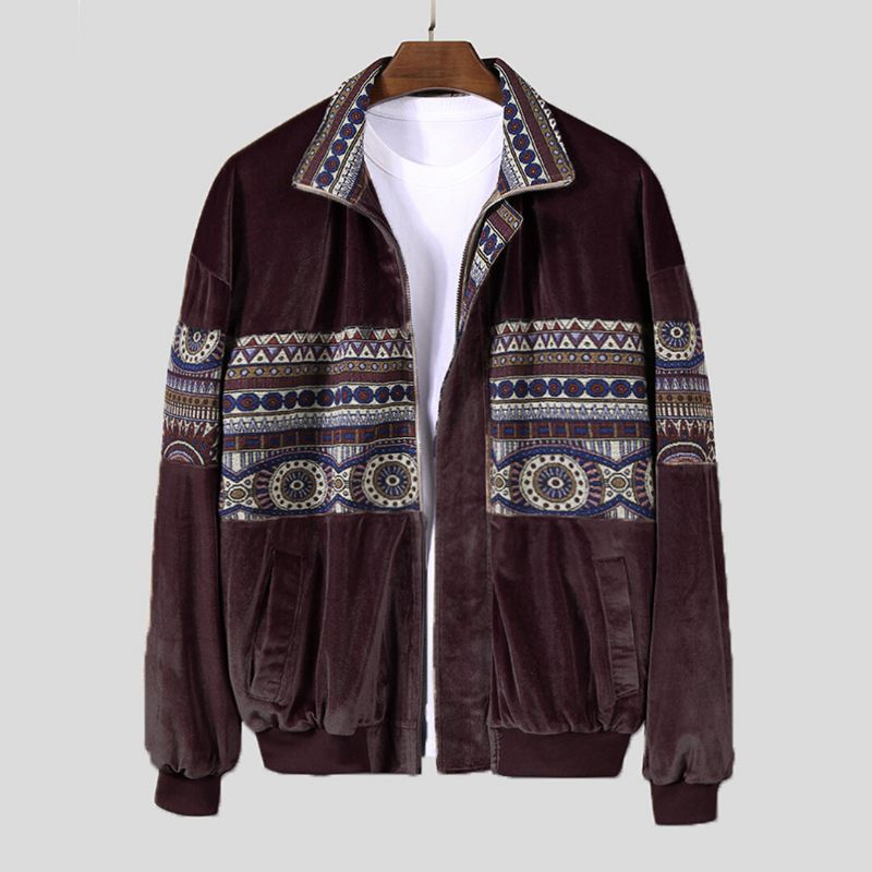 Chaqueta Vintage De Terciopelo Con Costura De Patrón Étnico Para Hombre
