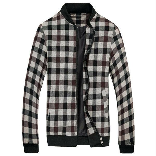 Hombres Otoño Invierno Mezcla De Algodón Plaid Stand Collar Cremallera Deportes Elásticos Puños Chaqueta Abrigo