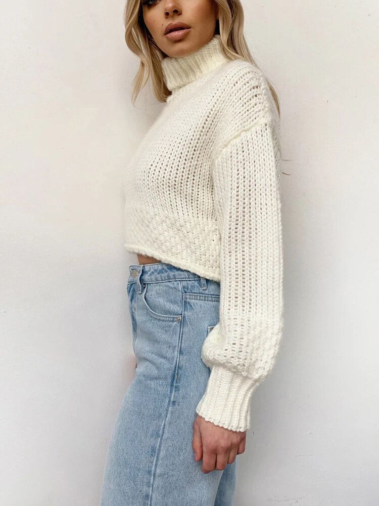Suéteres De Punto Sueltos Blancos De Manga Larga Con Cuello Alto Para Mujer