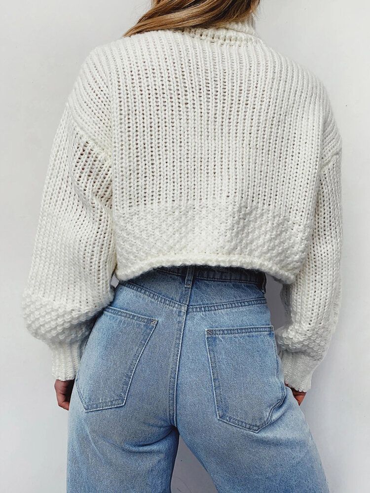 Suéteres De Punto Sueltos Blancos De Manga Larga Con Cuello Alto Para Mujer