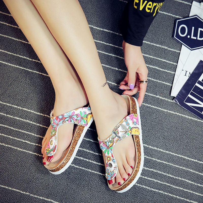 Chanclas De Suela Blanda Informales De Talla Grande Para Mujer Sandalias De Corcho De Playa Con Estampado
