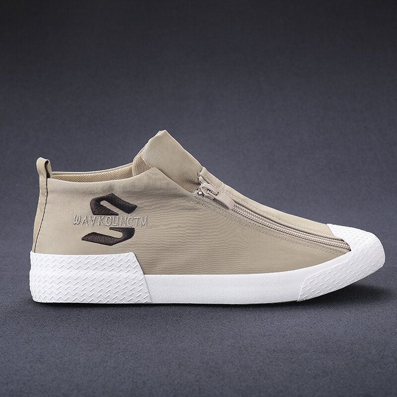 Zapatillas De Deporte Casuales De Tobillo Alto De Lona Transpirable Cómoda Con Cremallera Frontal Con Punta De Goma Para Hombre