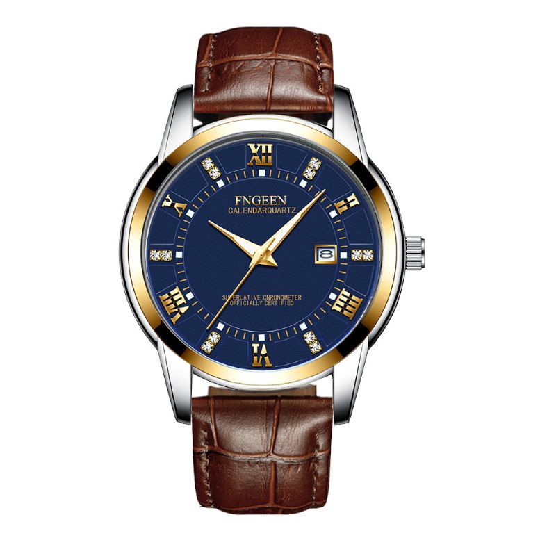 Fngeen 2081 Moda Business Diamante Dial Luminoso Calendario Fecha Pantalla Acero Pu Correa De Cuero Reloj De Cuarzo Impermeable Para Hombres