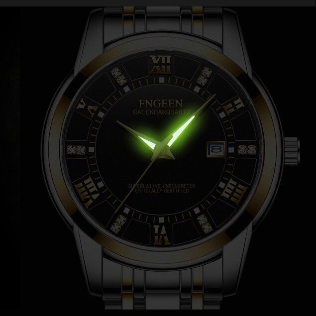 Fngeen 2081 Moda Business Diamante Dial Luminoso Calendario Fecha Pantalla Acero Pu Correa De Cuero Reloj De Cuarzo Impermeable Para Hombres