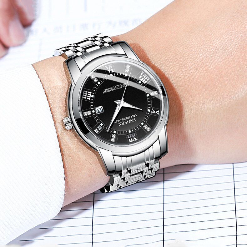 Fngeen 2081 Moda Business Diamante Dial Luminoso Calendario Fecha Pantalla Acero Pu Correa De Cuero Reloj De Cuarzo Impermeable Para Hombres