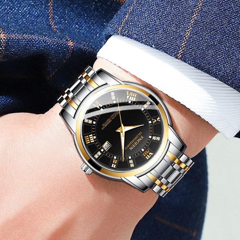 Fngeen 2081 Moda Business Diamante Dial Luminoso Calendario Fecha Pantalla Acero Pu Correa De Cuero Reloj De Cuarzo Impermeable Para Hombres