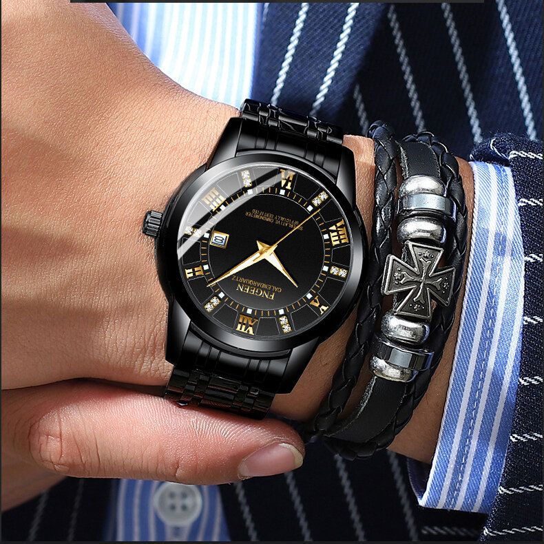 Fngeen 2081 Moda Business Diamante Dial Luminoso Calendario Fecha Pantalla Acero Pu Correa De Cuero Reloj De Cuarzo Impermeable Para Hombres