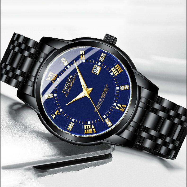 Fngeen 2081 Moda Business Diamante Dial Luminoso Calendario Fecha Pantalla Acero Pu Correa De Cuero Reloj De Cuarzo Impermeable Para Hombres