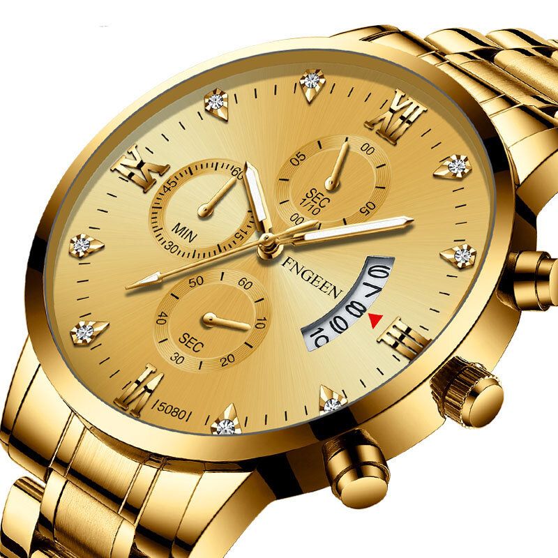 Fngeen 5080 Fashion Business Diamante Dial Luminoso Puntero Con Calendario Pantalla De Fecha Correa De Acero Reloj De Cuarzo Impermeable Para Hombres