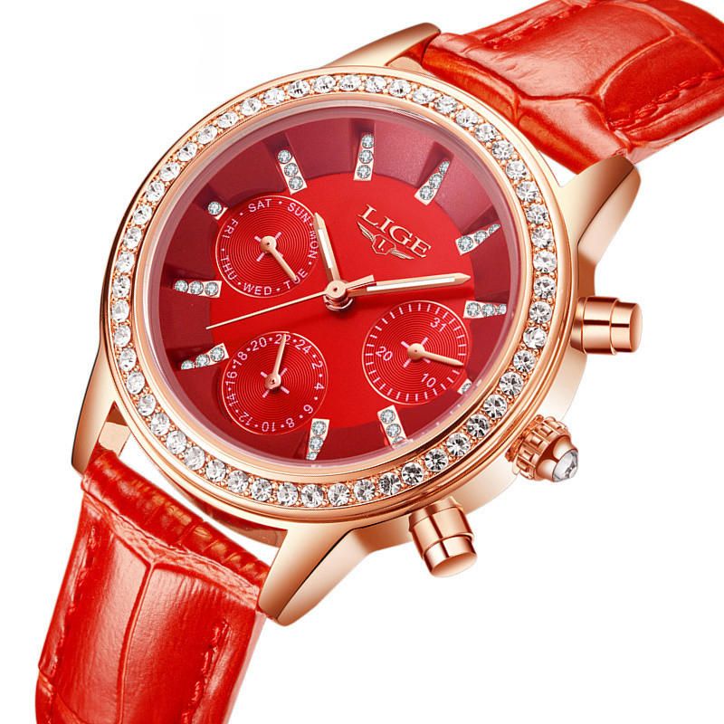 Lige 9812 Diseño Elegante Pantalla De Fecha Reloj De Pulsera Para Mujer Diamantes Banda De Cuero Relojes De Cuarzo