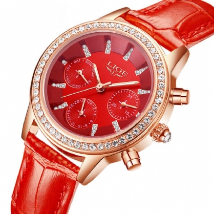 Lige 9812 Diseño Elegante Pantalla De Fecha Reloj De Pulsera Para Mujer Diamantes Banda De Cuero Relojes De Cuarzo